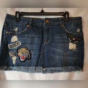 Stradivarius Denim Mini Skirt Distressed Raw Hem Patches Stretch Women's…